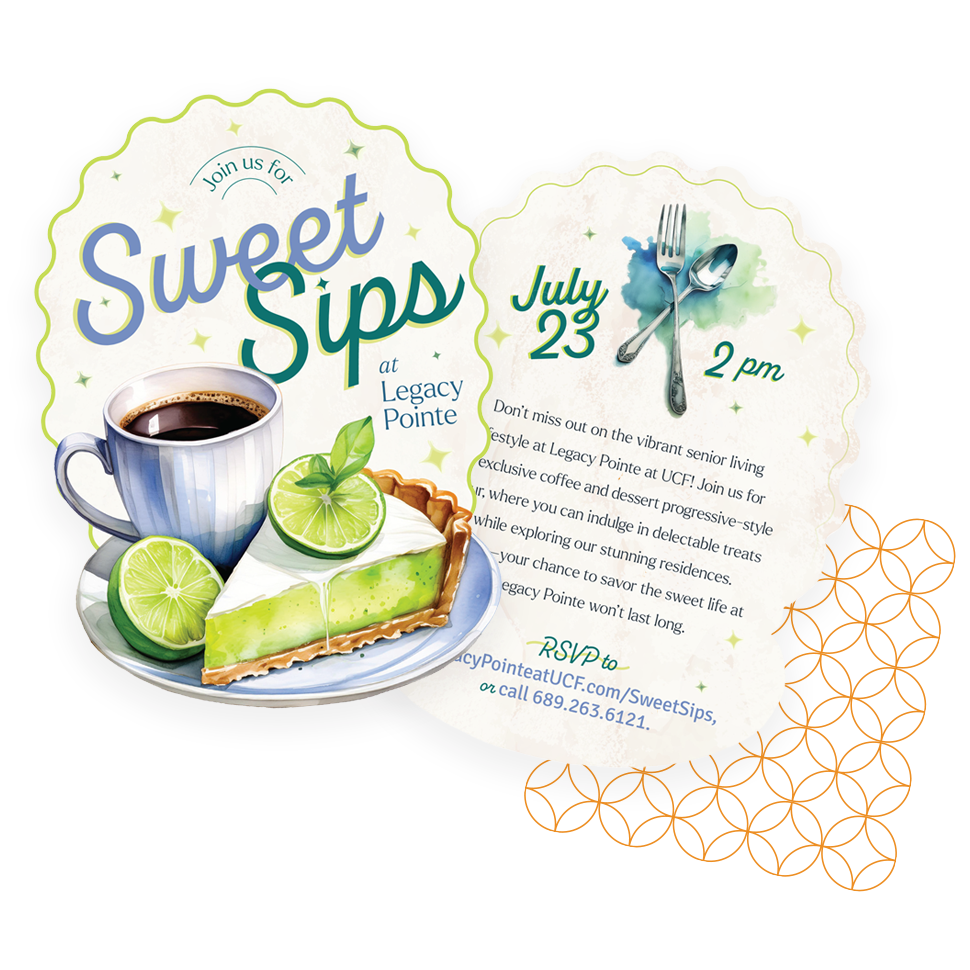 Front and Back view of "Sweet Sips" Event Invite.