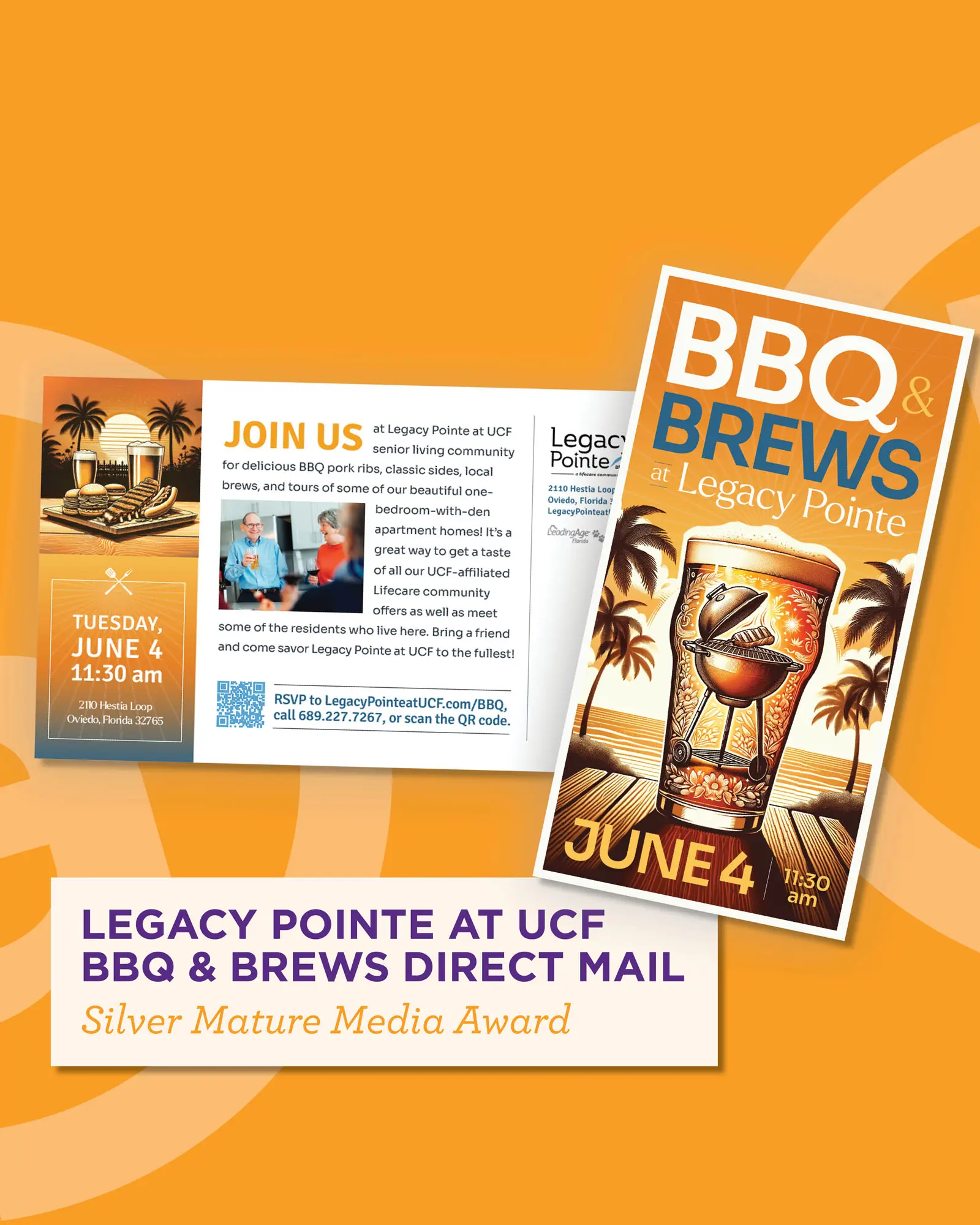 BBQ & Brews Direct Mail for Legacy Pointe at UCF wins a Silver Mature Media Award